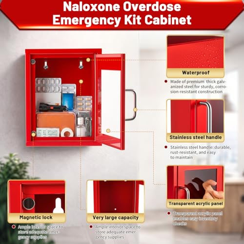 Zonon 1 Pcs Naloxone Overdose Emergency Kit Cabinet Wall Mountable in Case of Emergency Non-Locking Box Opioid Overdose with Acrylic Window 7 1/4 x 9 1/8 x 3 5/8 Inches Medication Not Included (Red)