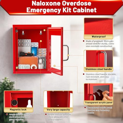Zonon 1 Pcs Naloxone Overdose Emergency Kit Cabinet Wall Mountable in Case of Emergency Non-Locking Box Opioid Overdose with Acrylic Window 7 1/4 x 9 1/8 x 3 5/8 Inches Medication Not Included (Red)