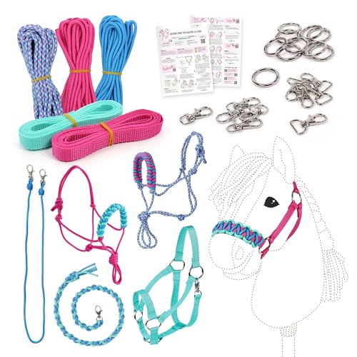 kullaloo DIY Hobby Horse Halter Kit & Tack Accessories ✦ Make Stick Horse Head Collars, Rope Halters & Reins ✦ Includes Digital Instructions (PDF) ✦ Teal/Mustard ✦ Aqua/Pink - color: Halter aqua / pink