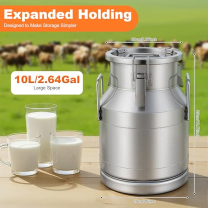 10L/ 2.64 Gallon Seamless 201 Stainless Steel Milk Can with Lid - size: 10L