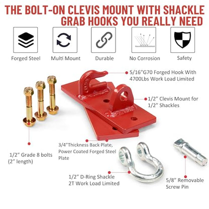 Tractor Bucket Hooks, Bolt On Clevis Mount with 1/2” Shackle, 5/16”Grab Hooks G70 Steel, Shackles Mount with Backer Plate, Heavy Duty Tow Hook for SUV RV UTV Tractors Bucket(Red) - color: Red