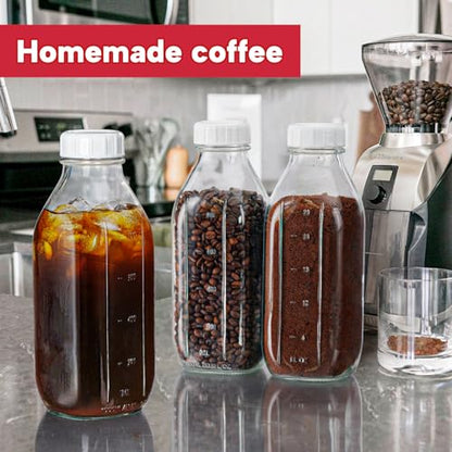 32 oz Glass Milk Bottles with Lid & Silicone Dispenser Cap, 2 Pack | Airtight Screw Lid, Leak-proof Design, Scale Markings for Breastmilk Storage, BPA-free Glass, Reusable, Fridge-safe
