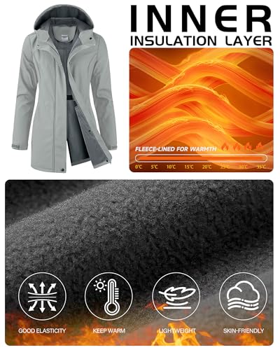 iCreek Women's Waterproof Softshell Rain Jacket Fleece Lined Hood Long Coat - color: Light Grey, size: Small