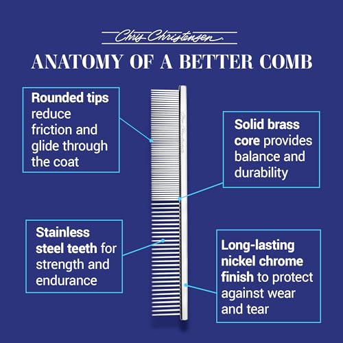 Chris Christensen 5in Face and Feet Fine/Coarse Butter Comb, Groom Like a Professional, Rounded Corners Prevent Friction and Breakage, Solid Brass Spin with Steel Teeth, Chrome Finish - size: 006 - 5 Inch Fine/Extra Fine