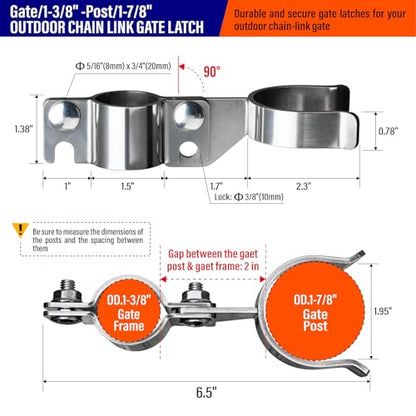 Heavy Duty Stainless Steel 1-3/8" x 1-7/8" Chain Link Fence Gate Fork Latch with Hole for Padlock（Fit 1 3/8" Gate Frame） 1Pack - size: 1-3/8''x1-7/8''-1P