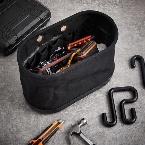 Vesici 2 Set Black Canvas Bucket Bag Including Hooks Aerial Oval Lineman Tool Bucket with Black Polypropylene Bottom 15 Pockets Tool Organizer for Industrial Maintenance Construction Sites - color: Black