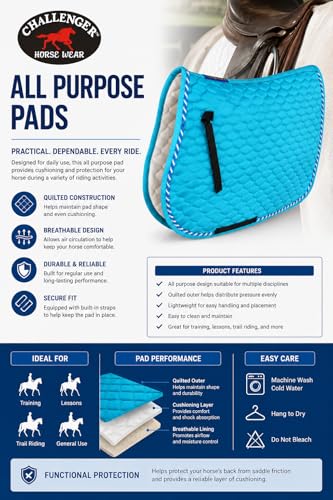 Horse English Quilted Contoured All-Purpose Trail Saddle Pad 7296 - color: Turquoise, size: 23" (Spine) x 20" (Drop)
