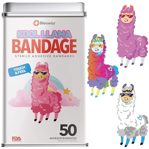 BioSwiss Bandages, Llama Shaped Self Adhesive Bandage Set, Latex Free, Sterile Wound Care, 50 Count - size: 50-Count Tin, style: Llama
