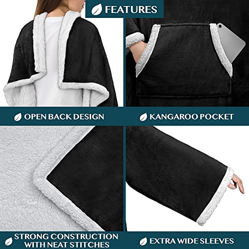 PAVILIA Sherpa Wearable Blanket with Sleeves and Pocket, Plush Thick Cozy Body Blanket Wrap for Adult Women Men, Christmas Gift for Wife Mom, Black - color: Black