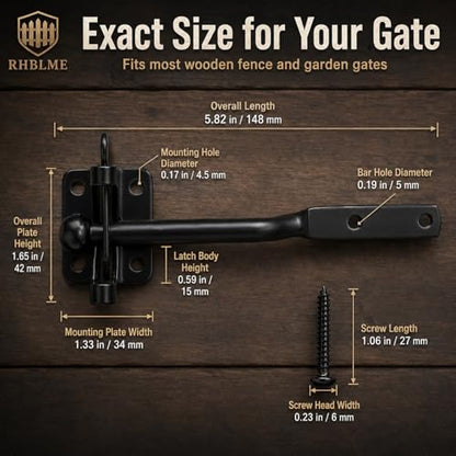 RHBLME 2 Pack Gate Latch for Wooden Fence, Gravity Self Locking Black Door Lock Heavy Duty Wood Metal Door Hardware Kit Stainless Steel Latches Automatic Closing for Outdoor Garden Yard Pool