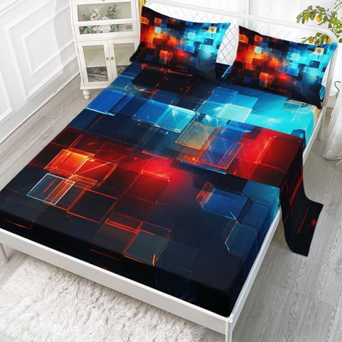 Blue Geometric Cubes Printed Twin Sheets Set 4 Pcs Bed Sheet for Teens,Boys,Girls,with 1 Flat and 1 Fitted Sheet + 2 Pillowcases - color: Geometric Cube, size: Twin 67x97 inches