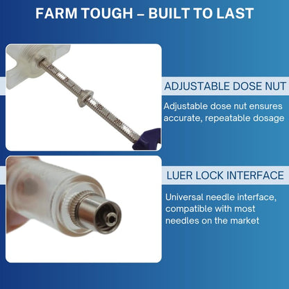 Reusable Veterinary Syringe with Dose Nut (20cc) – Durable Plastic Barrel - size: 20cc