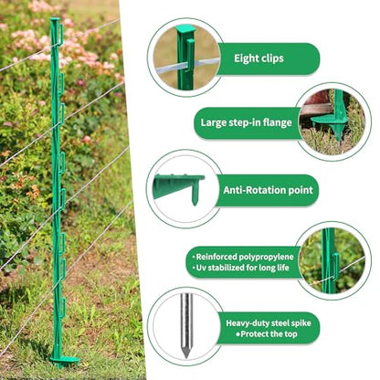 50PCS 48" Plastic Step-in Electric Fence Posts with Clips, Green | Temporary Electric Fence Stakes · 8 Integrated Clips · Reinforced Steel Spike · For Garden and Farm & Livestock - color: Green-50PCS