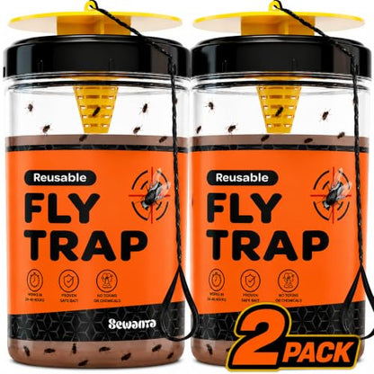 Fly Traps Outdoor [Set of 2] with Dissolvable Non-Toxic Bait - Reusable Hanging Bug Catcher Killer for All Flies for Outside Bug Control Patios, Barns, Ranches Etc. Hanging Fly Traps with Tie Included - style: 2 Traps