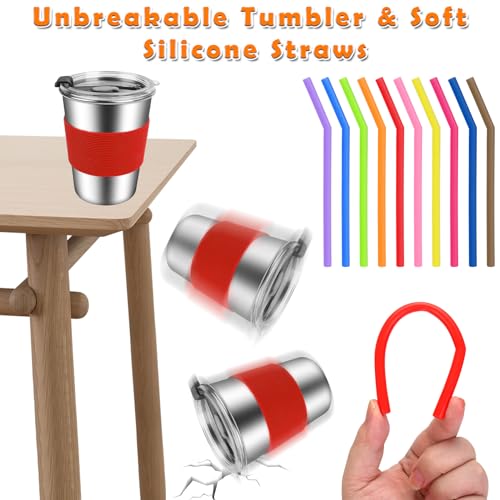 ShineMe Toddler Cups With Straws Spill Proof, 12oz Reusable Stainless Steel Cups with Straws, Lids, and Colorful Silicone Sleeves, Unbreakable Kids Cups for Milk, Water, Snacks...(10pack) - color: brown/purple/rose/blue/red/orange/azure/green/pink/yellow