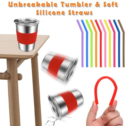 ShineMe Toddler Cups With Straws Spill Proof, 12oz Reusable Stainless Steel Cups with Straws, Lids, and Colorful Silicone Sleeves, Unbreakable Kids Cups for Milk, Water, Snacks...(10pack) - color: brown/purple/rose/blue/red/orange/azure/green/pink/yellow
