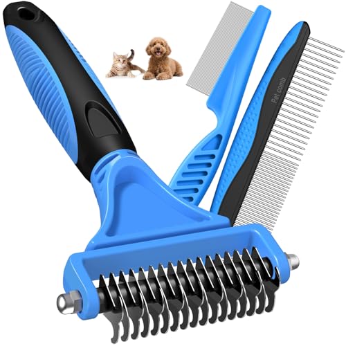 3PCS Pet Grooming Rake & Metal Comb & Flea Comb for Cats and Dogs, Double-Sided Dematting Tool, Extra-Wide Deshedding Dog Brush for Long Hair to Effectively Remove Tangles, Knots and Mats (Blue) - color: A-Blue