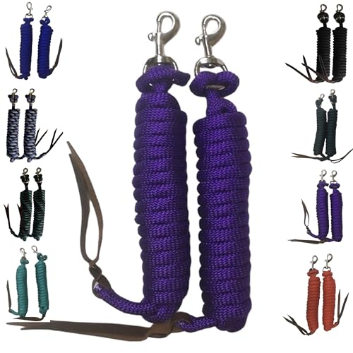 Majestic Ally 14' Pack of 2 Poly Training Lead Rope with Leather Popper for Horses & Livestock – 14 Foot Long and 5/8 inch Thick - Replaceable Heavy-Duty Bolt Snap (Purple) - color: Purple