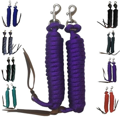 Majestic Ally 14' Pack of 2 Poly Training Lead Rope with Leather Popper for Horses & Livestock – 14 Foot Long and 5/8 inch Thick - Replaceable Heavy-Duty Bolt Snap (Purple) - color: Purple