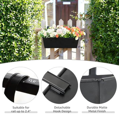 3 Pack Metal Railing Planters, 16 Inch Large Rectangular Hanging Flower Pots with Detachable Hooks & Drainage Holes, Fits Rails up to 2.5", Galvanized Iron Window Box for Balcony Garden - Black - color: Black, size: 3 Pack, 16.1"L x 5.1"W x 5.1"H