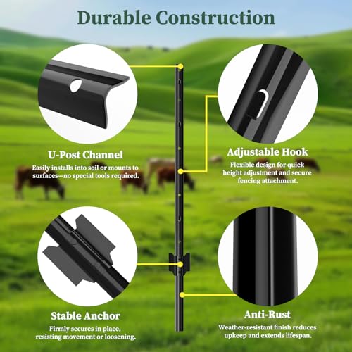 Metal Fence Posts Heavy Duty U-Post Stakes for Wire Fencing, 3 FT Black - color: Black, size: 3FT-10P