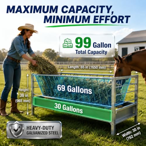 99 Gallon Galvanized Goat Feeder, Weather Resistant Goat Feeder with Hay and Grain Feeder，Ground Livestock Feeder for Goats Sheep Calves