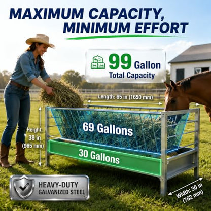 99 Gallon Galvanized Goat Feeder, Weather Resistant Goat Feeder with Hay and Grain Feeder，Ground Livestock Feeder for Goats Sheep Calves