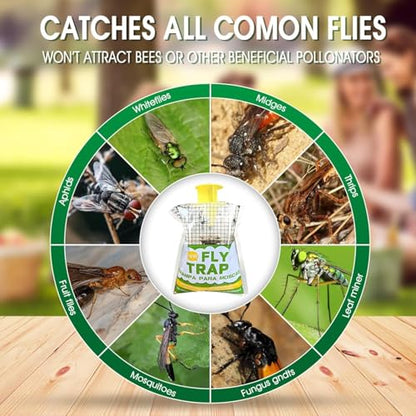 Hanging Fly Traps for Outdoors 4 Pack, Natural Disposable Fly Bags, Non-Toxic Fly Killer Catcher for Outside Yard, Trash Cans, Horse Stables, Barns, Pastures, Farm, Porch & Perimeter Defense.