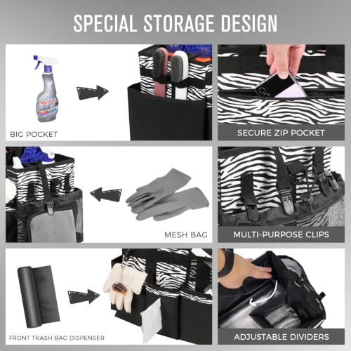 SCAVATA Wearable Cleaning Caddy, Cleaning Caddy Supplies Organizer with Handle & Shoulder Straps for Housekeepers, Under Sink & Car Cleaning Tool Organizers Bag with 4 Foldable Divider (ZebraStripe) - color: ZebraStripe