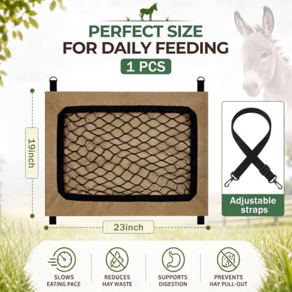 1 Pack Slow Feed Hay Bag for Horses & Donkeys, 23 x 19 in | 1000D Heavy Duty Fabric, 1.34 In Diamond Mesh, Easy Fill Top Design, Adjustable Hanging Straps, Ground or Hanging Feeding