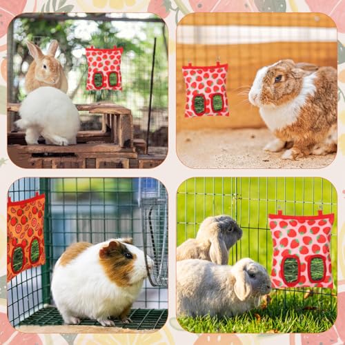 Rabbit Hay Feeder, 2 Hole Washable Hanging Hay Bag for Guinea Pig - color: strawberry