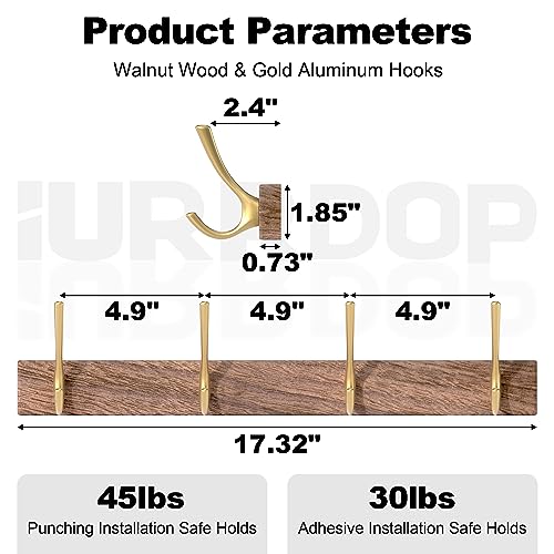 17 Inch Walnut Wood Wall Mounted Coat Rack with 4 Gold Double Hooks, Adhesive Mounted Entryway Hooks, Modern Natural Wooden Pegs for Hanging Coat Clothes Hat Bag Purse Key and Towel - color: Coat Rack with 4 Gold Hooks