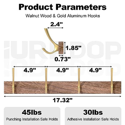 17 Inch Walnut Wood Wall Mounted Coat Rack with 4 Gold Double Hooks, Adhesive Mounted Entryway Hooks, Modern Natural Wooden Pegs for Hanging Coat Clothes Hat Bag Purse Key and Towel - color: Coat Rack with 4 Gold Hooks