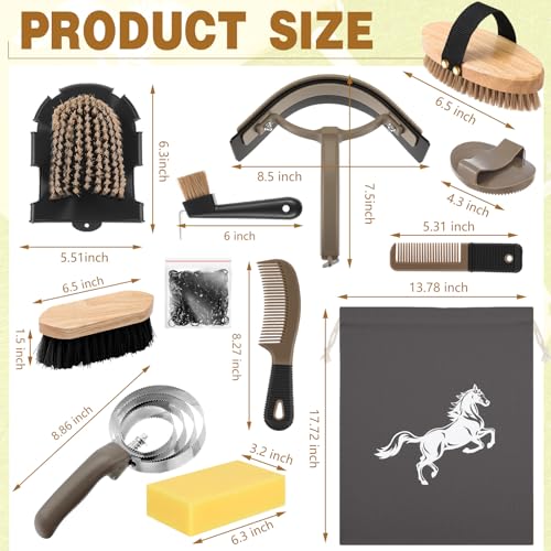 Abbylike 12 Pieces Horse Grooming Kit Equine Care Brushes, Dark Gray - color: Dark Gray