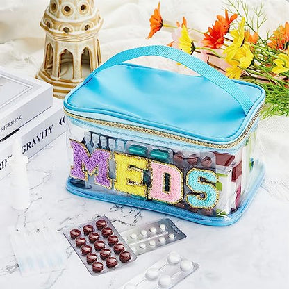 Geetery Chenille Letter Bag, Meds Cheer Travel Cases Cheerleader Gifts Cosmetic Bag Nylon Makeup Portable Preppy Patch with Zipper Toiletry Storage Case for Women(Blue,Meds) - color: Blue, style: Meds