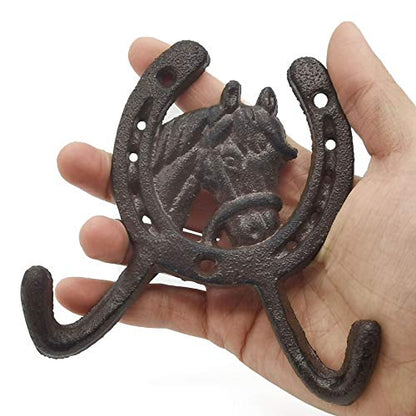 TIHOOD Cast Iron Horse Head 2 Hook Coat Rack - Rustic Ranch Style, Wall Mounted Towel Hooks