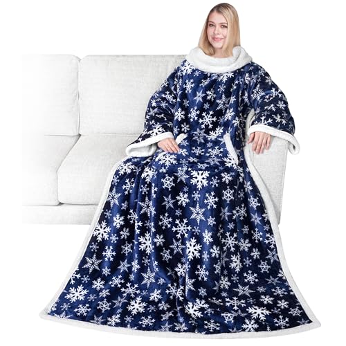 PAVILIA Sherpa Wearable Blanket with Sleeves and Pocket, Plush Thick Cozy Body Blanket Wrap for Adult Women Men, Christmas Gift for Wife Mom, Snowflake Blue - color: Snowflake Blue