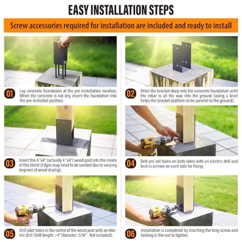 2 Pack Heavy Duty Stainless Steels U-Shape 4"x4"(Actually 4"x4") Wet Concrete Fence Post Holder, Psot Base, for Fence, Deck Railing, Pergola Wood Post Bracket Anchor (Dark Grey) - size: 4″x4″(Actual 4"x4")