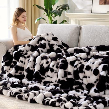 Anysay Faux Fur Throw Blanket, 1000GSM Fluffy Soft Bubble Blanket 60''*80'' - color: Cow Black, size: Twin