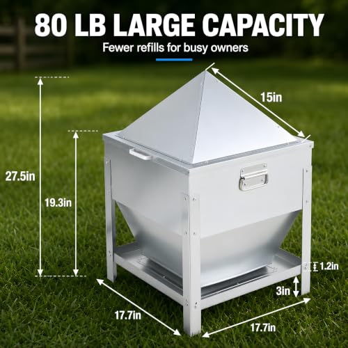 80LBS Large Metal Chicken Feeder, Galvanized Steel Gravity Chicken Feeder with 4-Sided Trough, No Waste Design, Waterproof Locking Lid, Heavy Duty Automatic Outdoor Poultry Feeder for Backyard & Farm