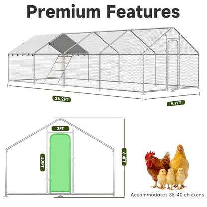 26.3x9.8 FT Extra Large Metal Chicken Coop, Walk-in Poultry Run Pen | Waterproof Cover, Reinforced Metal Structure, Walk-in Chicken Run, Outdoor Poultry Cage for Ducks Hens Rabbits - size: 315.1"L x 118.1"W x 78.1"H
