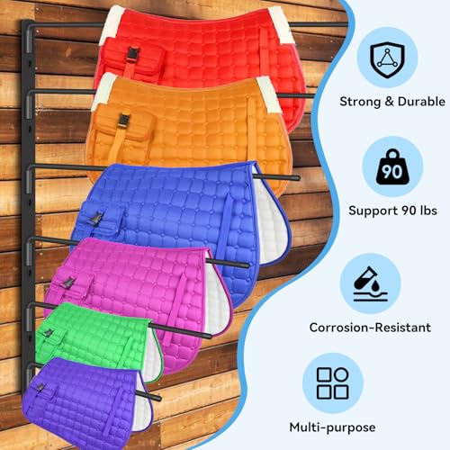 2 Pack Heavy Duty Saddle Pad Rack, Wall Mount Horse Blanket Holder | 180° Swing-Out Horse Blanket Rack with 6 Well-Spaced Arms, Wall-Mounted Saddle Pad Storage for Stable, Garage & Tack Room