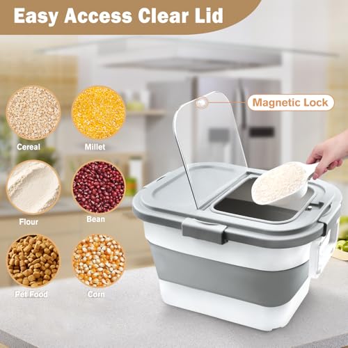 Komzon Rice Storage Container, Collapsible Airtight 10-40 Lb Rice Storage Container, 25lb Pet Dog Food Storage Container, Rice Dispenser Bin with Cup and Scoop for Flour Cereal Pasta Grain, Cat Bird - size: 10-40 Lbs