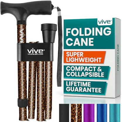 Vive Folding Cane - Foldable Walking Cane for Men, Women - Fold-up - color: Leopard