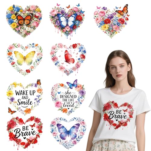 arricraft 9 Sheets Heart Plant Iron on Stickers, Butterflies Heart Flowers Pattern Print Transfer Stickers Decals for DIY T-Shirt Jeans Backpacks Families Clothing Hat Decoration Applique - style: Butterflies Heart Flowers Theme
