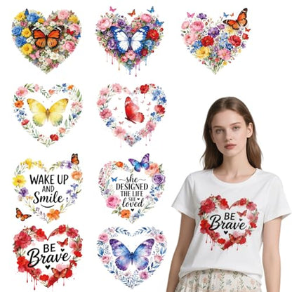 arricraft 9 Sheets Heart Plant Iron on Stickers, Butterflies Heart Flowers Pattern Print Transfer Stickers Decals for DIY T-Shirt Jeans Backpacks Families Clothing Hat Decoration Applique - style: Butterflies Heart Flowers Theme