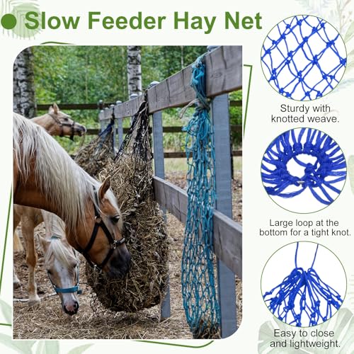 Slow Feeder Hay Net, 40" Length 2" Holes Strong Load-Bearing, Nylon Slow Feed Bag Hay Feeder, (Blue, 1 Pcs), Intended for Horses/Goats/Trailer/Stall - color: Blue