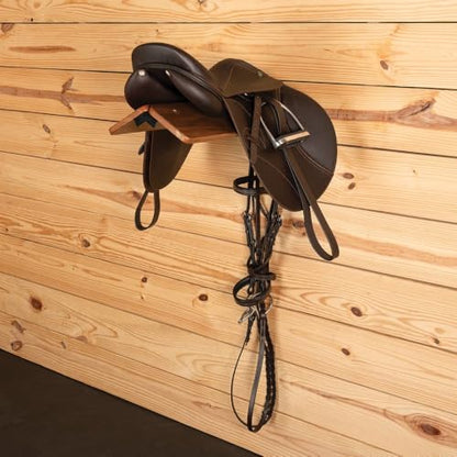 Schneiders Easy-Up Wood Mounted Saddle Rack with Bridle Hook | Durable Pine and Metal Design for English and Western Saddles | Ideal for Tack Rooms and Horse Barns | Color Light Walnut