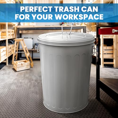 Plexon 20 Gallon Metal Trash Can with Lid Outdoor Large Trash Bin Steel Garbage Can for Garage Patio Farmhouse Bucket Bird Seed Storage Can Heavy Duty Round Container - color: Gray