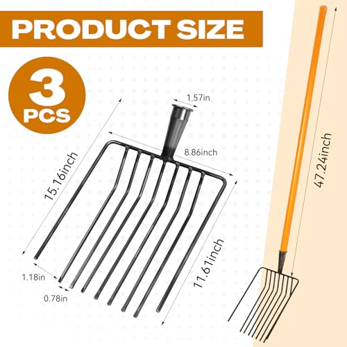 3 Sets Pitch Fork for Gardening, 9 Tines Wide Pitchfork 47.2 Inch Garden Manure Fork with Long Hardwood Handle Heavy Duty Mulch Forks Horse Stall Forks for Mulch, Hay, and Gardening